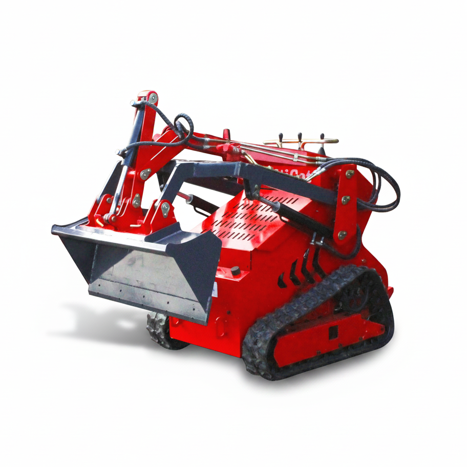 Red tracked machine with a large metal bucket on a white background