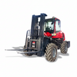 Red and black All Terrain forklift on a white background
