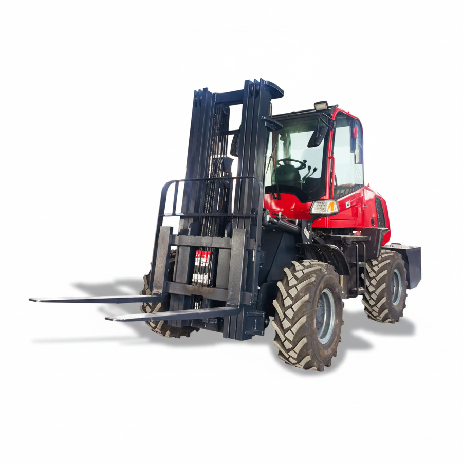 Red and black All Terrain forklift on a white background