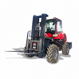 Red and black All Terrain forklift on a white background