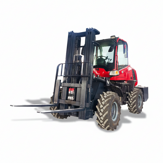 Red and black All Terrain forklift on a white background